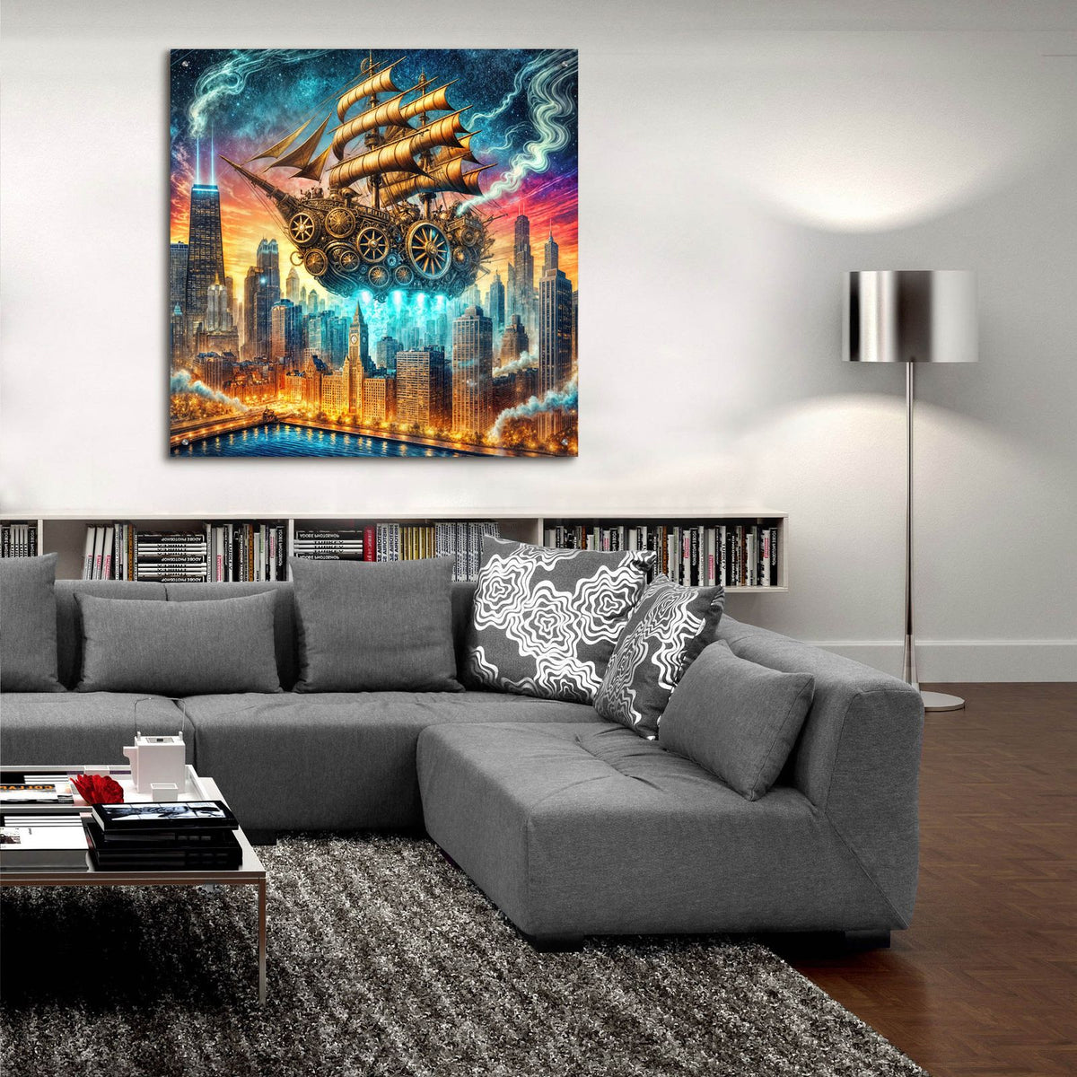 Steam Punk Ship In Chicago by Rey Klimt - 36x36 acrylic wall art in a room