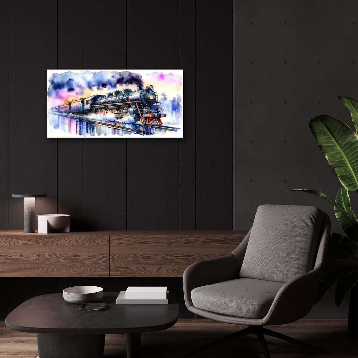 Steam Train Watercolor by Rey Klimt - 24x12 acrylic wall art in a room