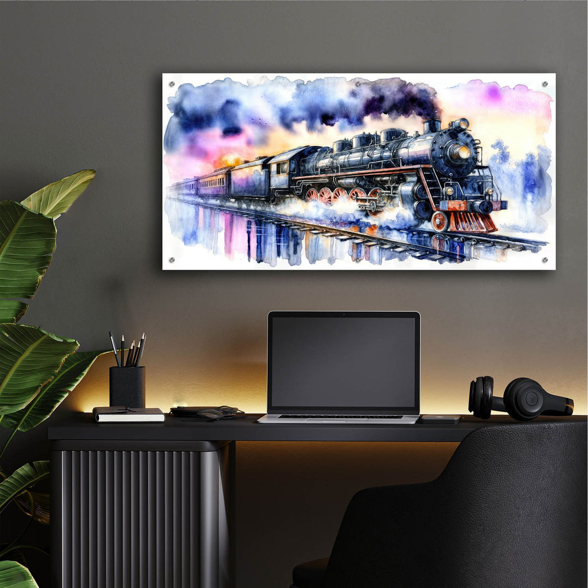Steam Train Watercolor by Rey Klimt - 48x24 acrylic wall art in a room