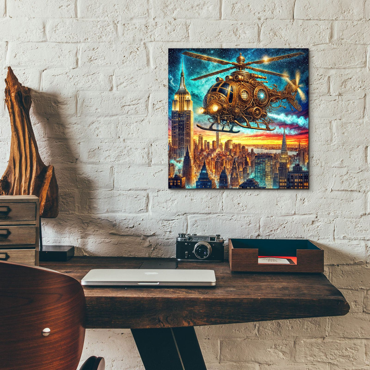 Steampunk Helicopter Over New York by Rey Klimt - 12x12 acrylic wall art in a room