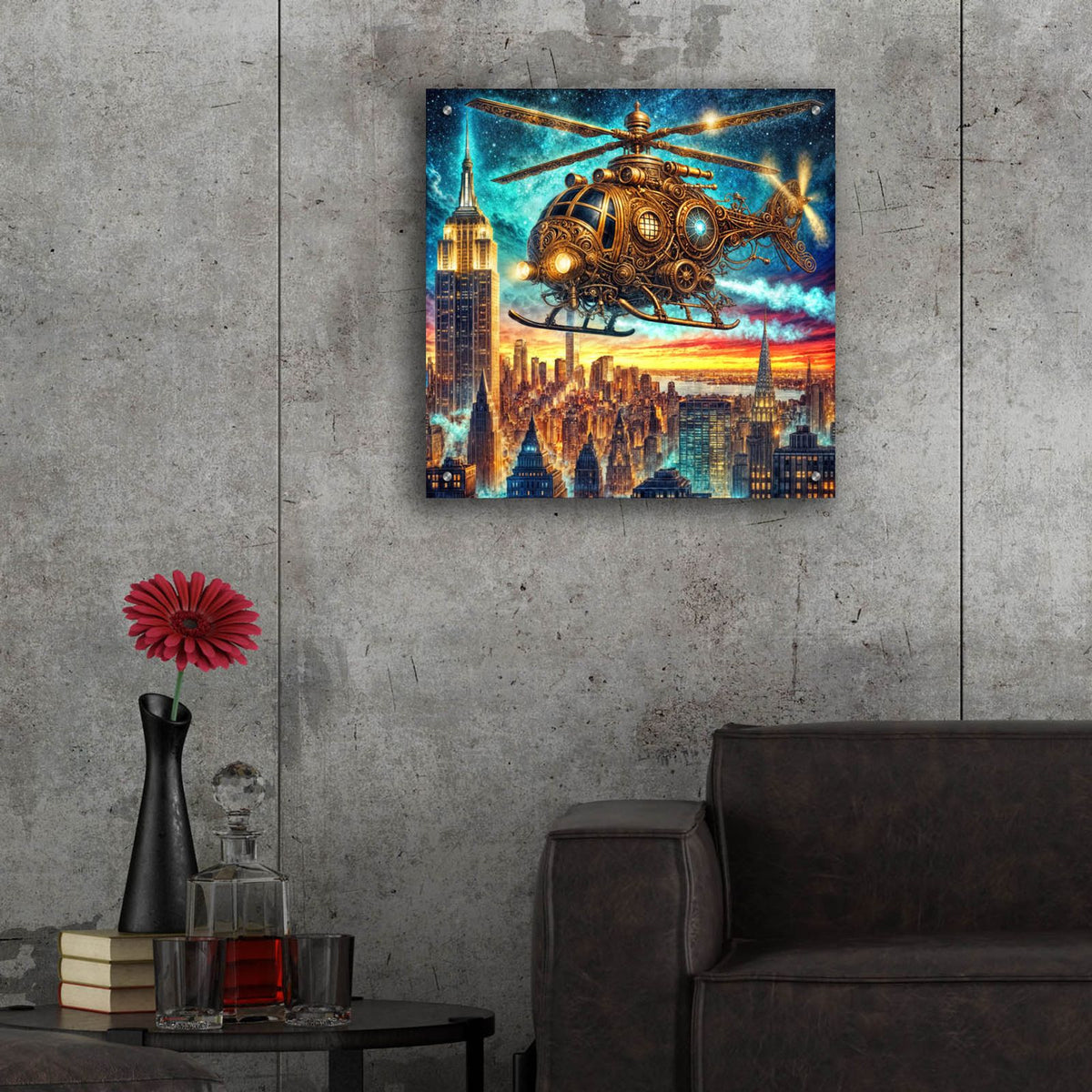 Steampunk Helicopter Over New York by Rey Klimt - 24x24 acrylic wall art in a room