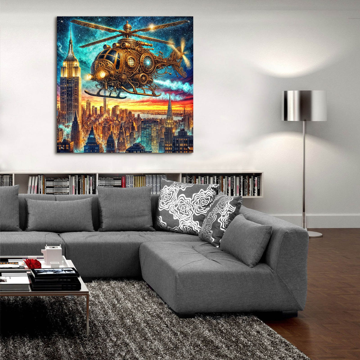 Steampunk Helicopter Over New York by Rey Klimt - 36x36 acrylic wall art in a room