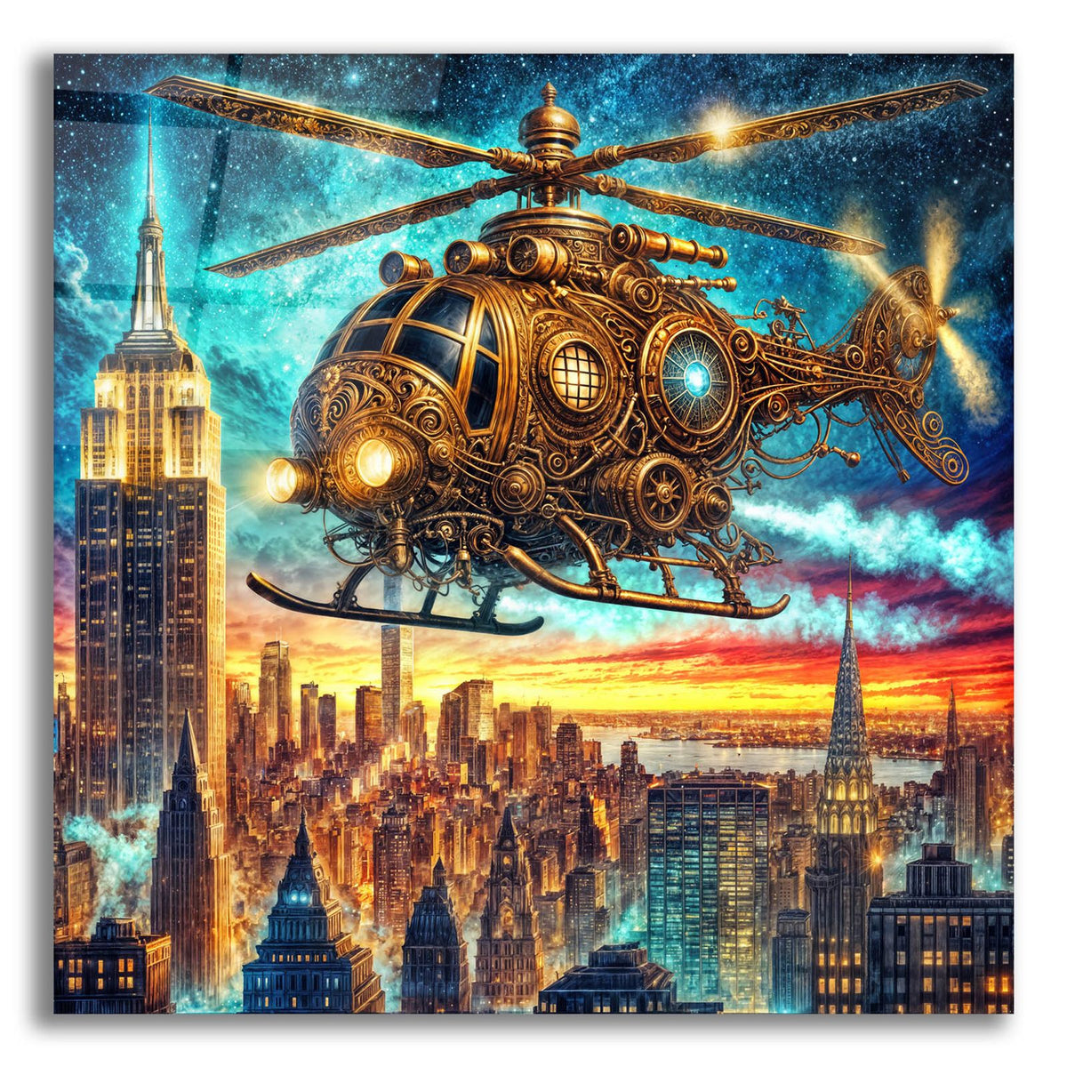 Steampunk Helicopter Over New York by Rey Klimt acrylic glass wall art