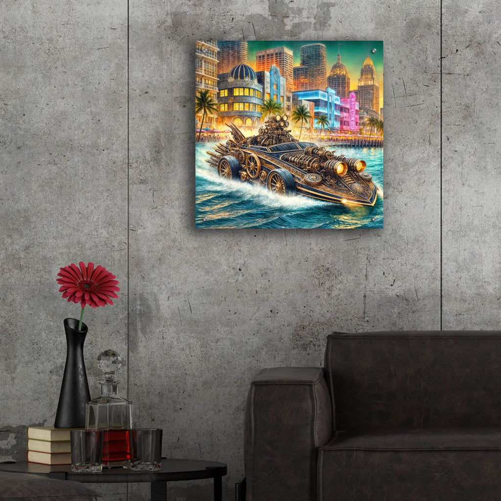 Steampunk Speedboat In Miami by Rey Klimt - 24x24 acrylic wall art in a room