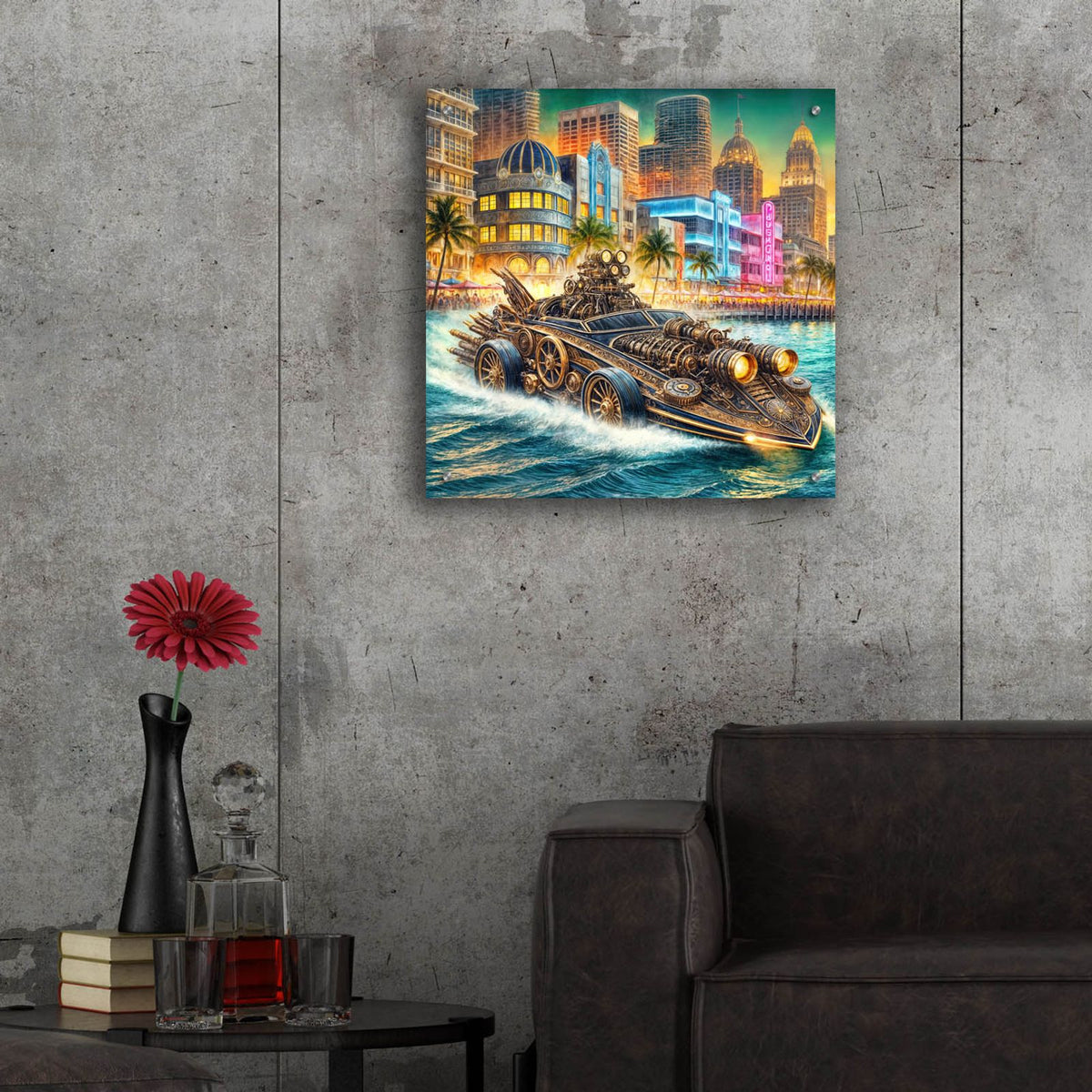 Steampunk Speedboat In Miami by Rey Klimt - 24x24 acrylic wall art in a room