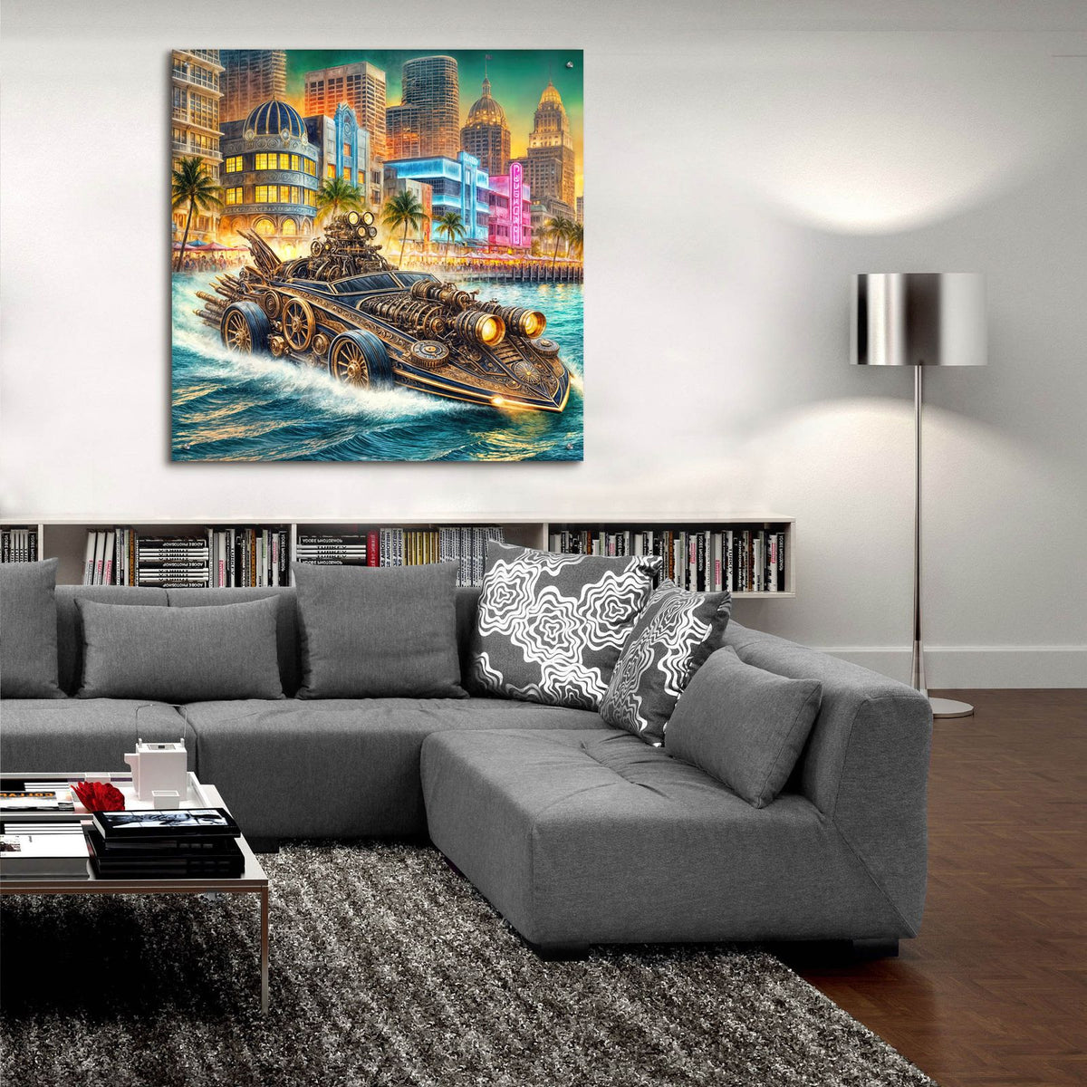 Steampunk Speedboat In Miami by Rey Klimt - 36x36 acrylic wall art in a room