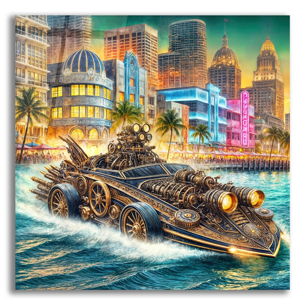 Steampunk Speedboat In Miami by Rey Klimt acrylic glass wall art