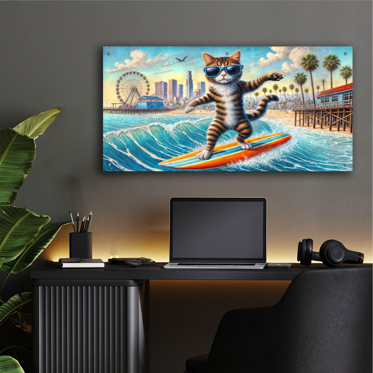 Surfing Cat California by Rey Klimt - 48x24 acrylic wall art in a room