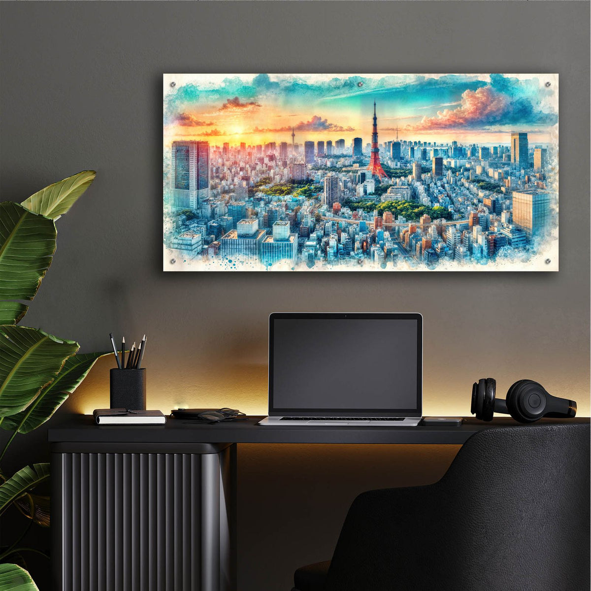 Tokyo Watercolor by Rey Klimt - 48x24 acrylic wall art in a room