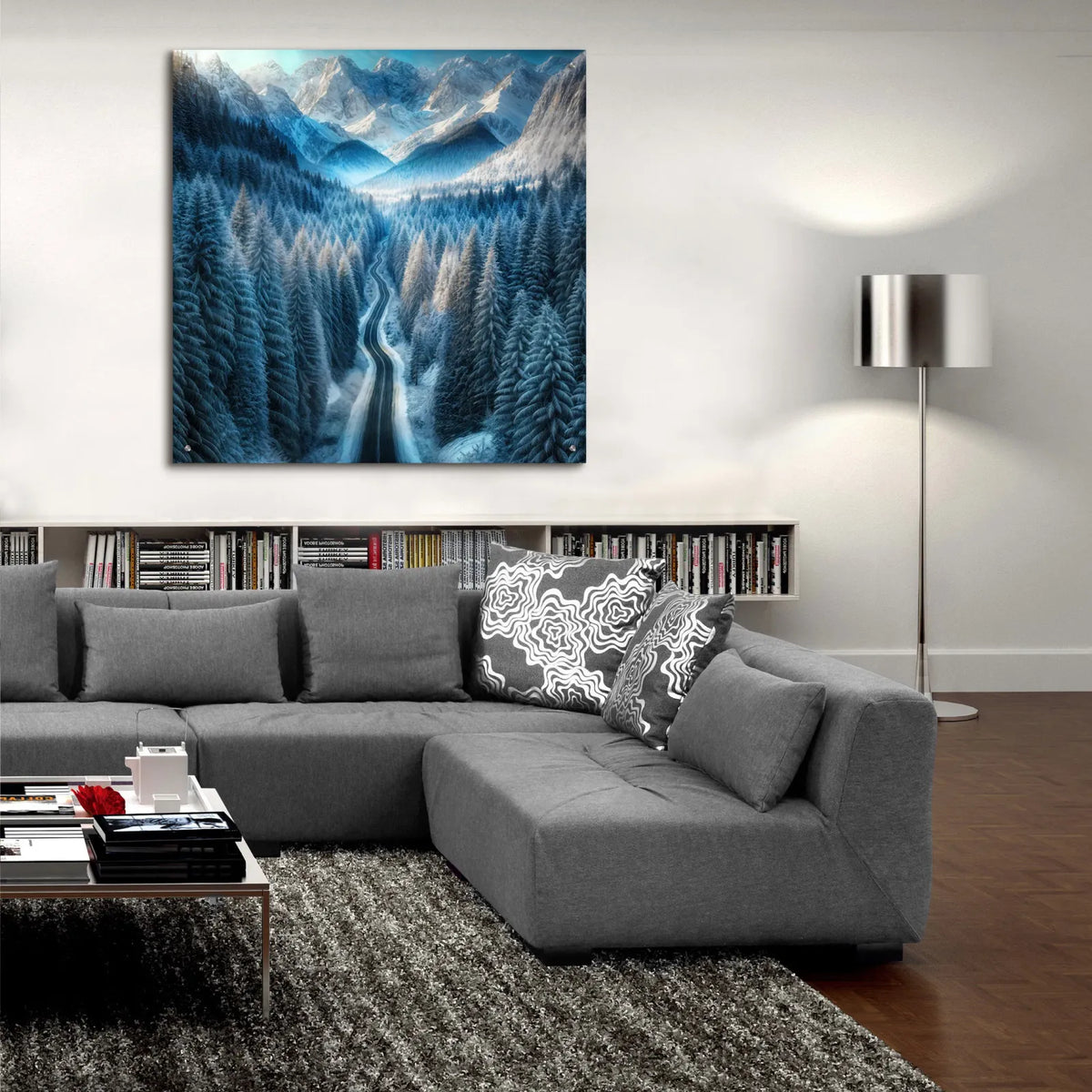 Winter Road In Mountains by Rey Klimt - 36x36 acrylic wall art in a room