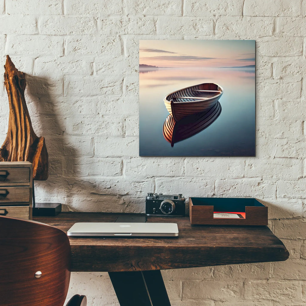Wooden Boat On Still Water by Rey Klimt - 12x12 acrylic wall art in a room