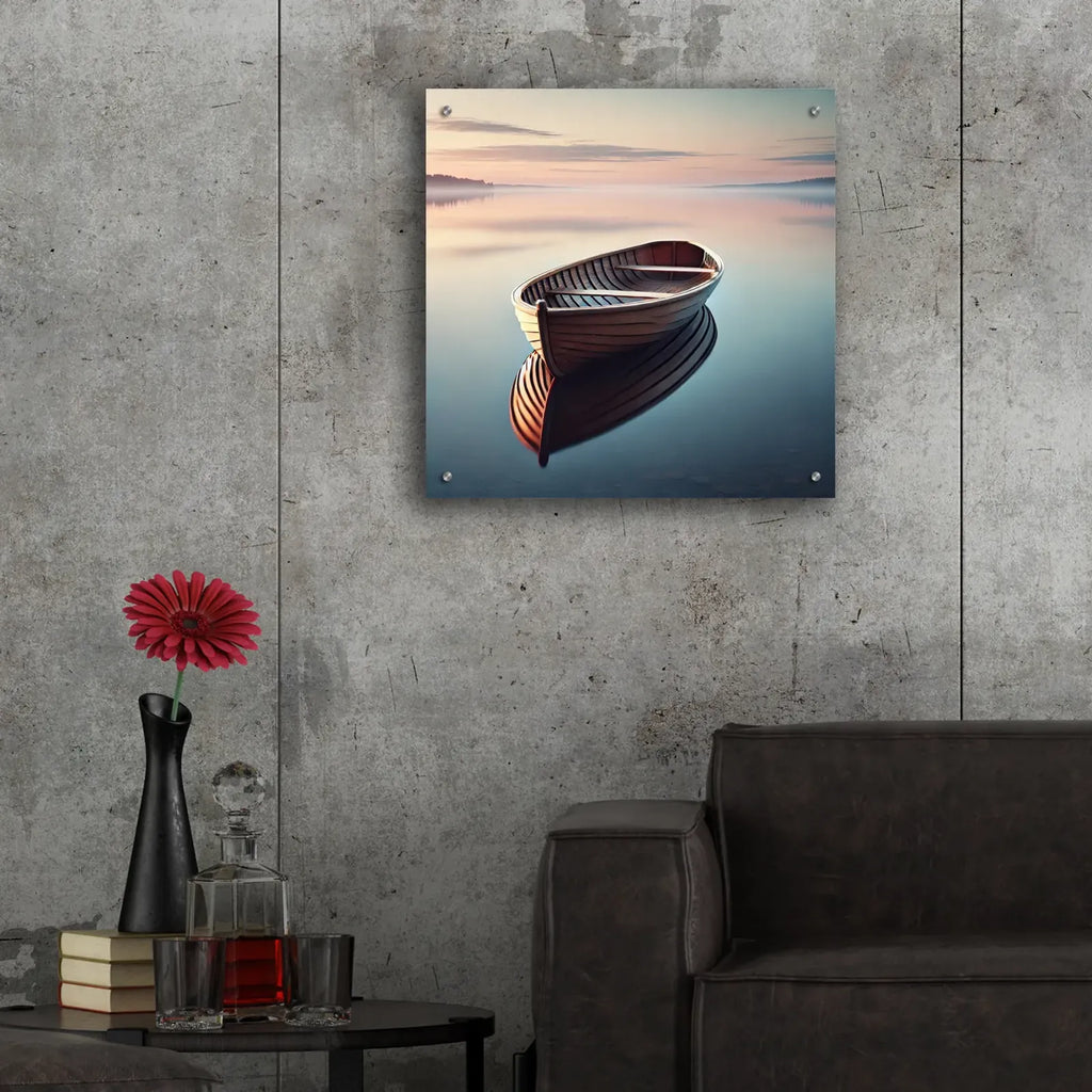 Wooden Boat On Still Water by Rey Klimt - 24x24 acrylic wall art in a room