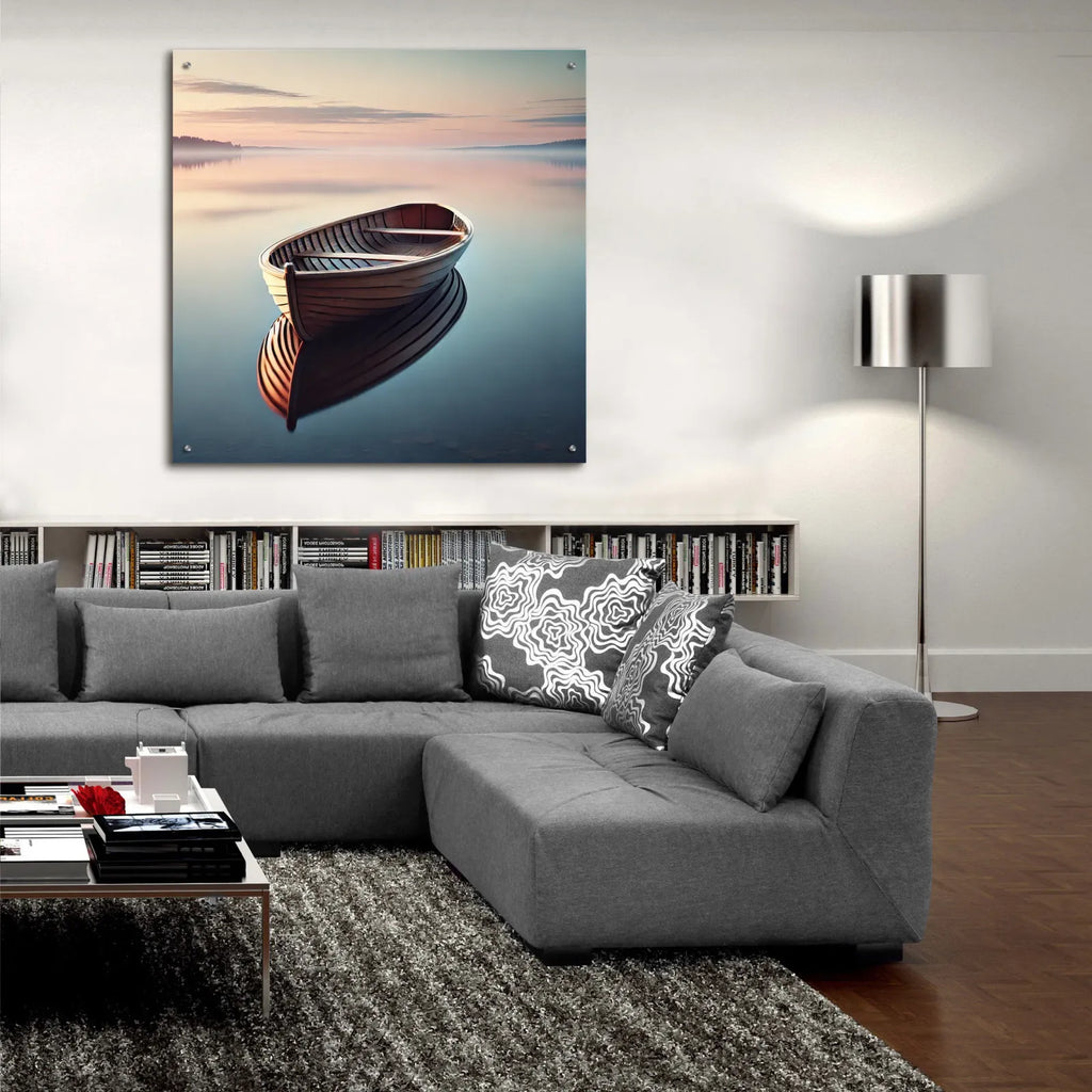 Wooden Boat On Still Water by Rey Klimt - 36x36 acrylic wall art in a room