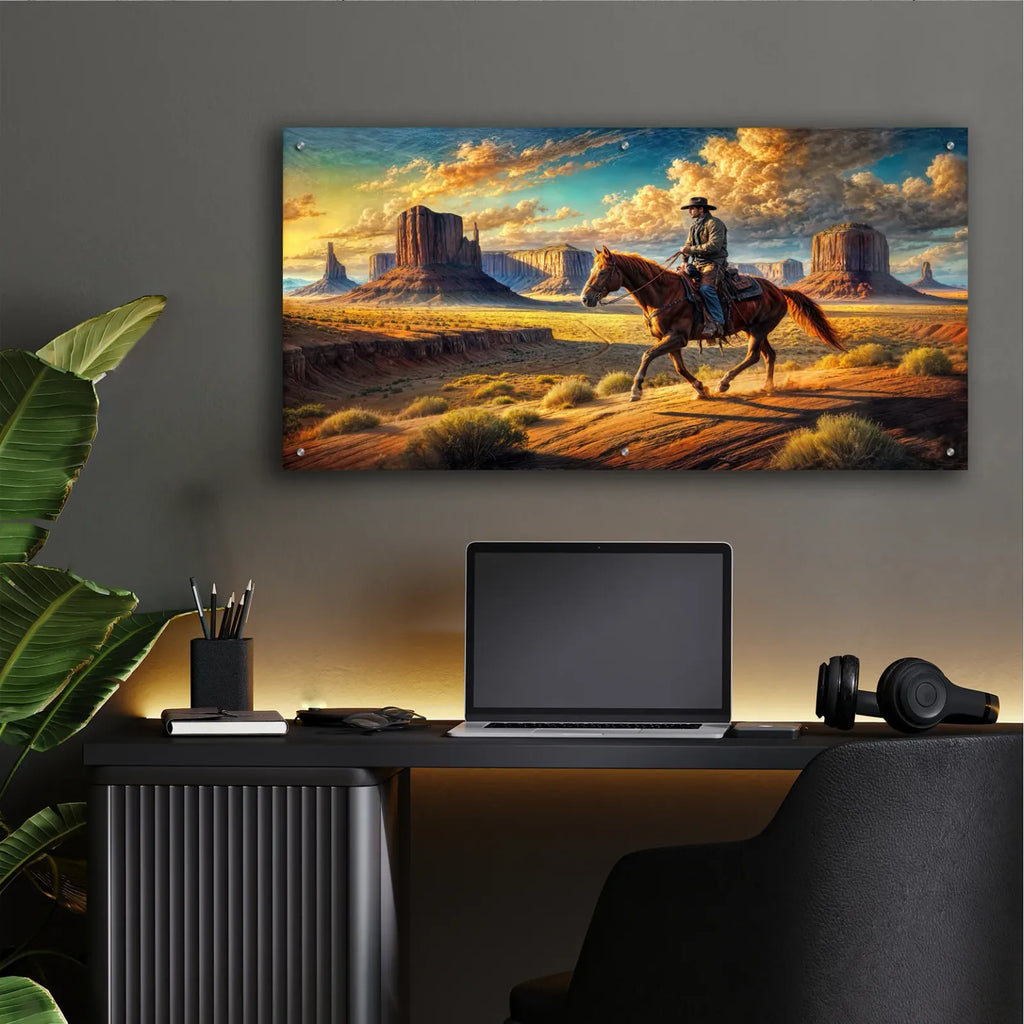 Cowboy In Monument Valley by Rey Klimt - 48x24 acrylic wall art in a room
