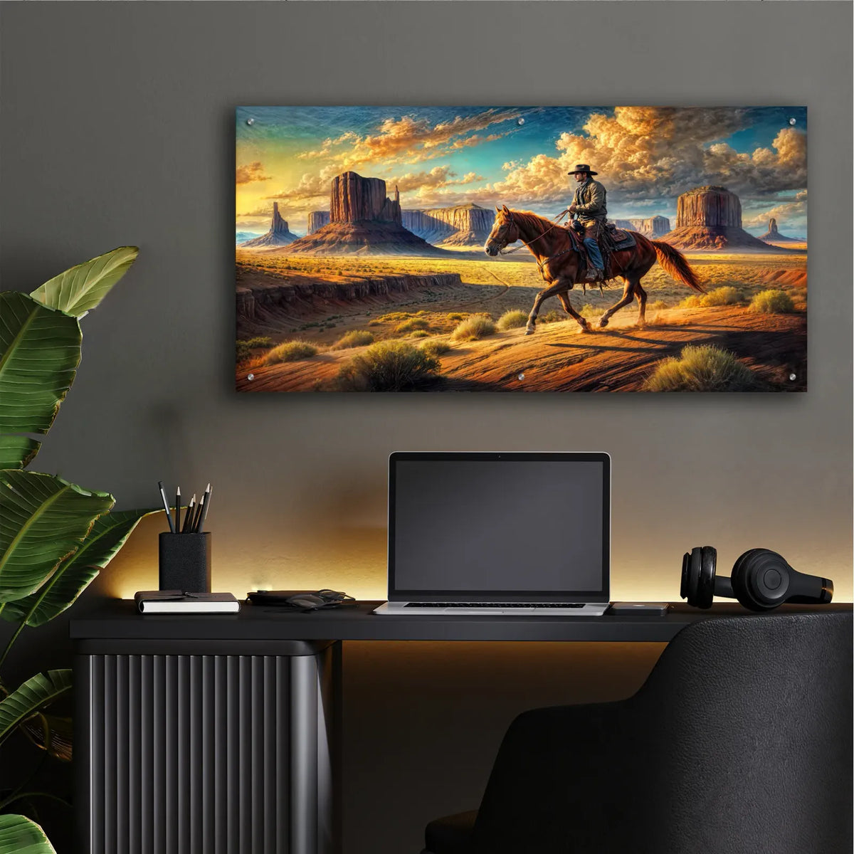 Cowboy In Monument Valley by Rey Klimt - 48x24 acrylic wall art in a room