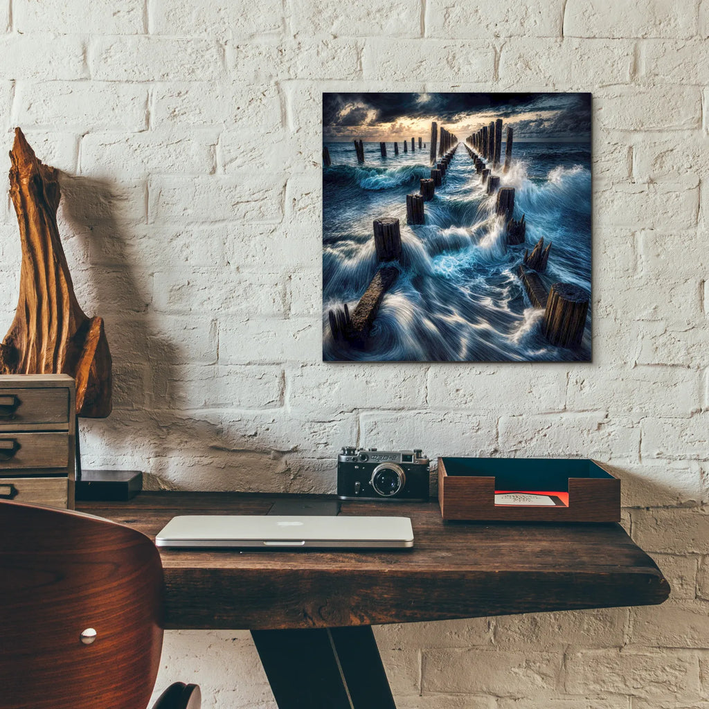 Dramatic Waves Over Pier by Rey Klimt - 12x12 acrylic wall art in a room