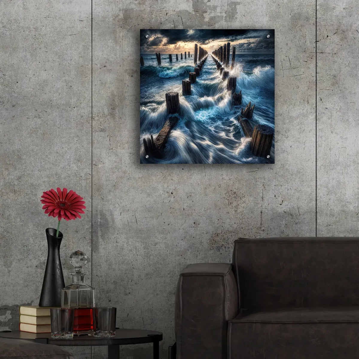 Dramatic Waves Over Pier by Rey Klimt - 24x24 acrylic wall art in a room
