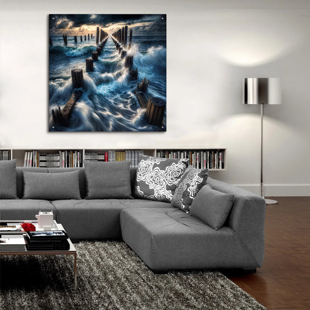Dramatic Waves Over Pier by Rey Klimt - 36x36 acrylic wall art in a room