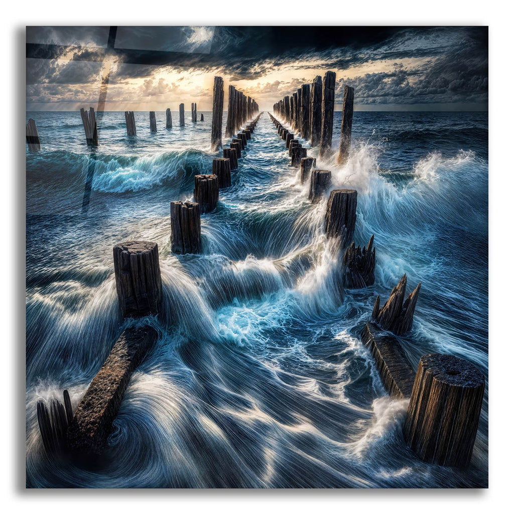 Dramatic Waves Over Pier by Rey Klimt acrylic glass wall art