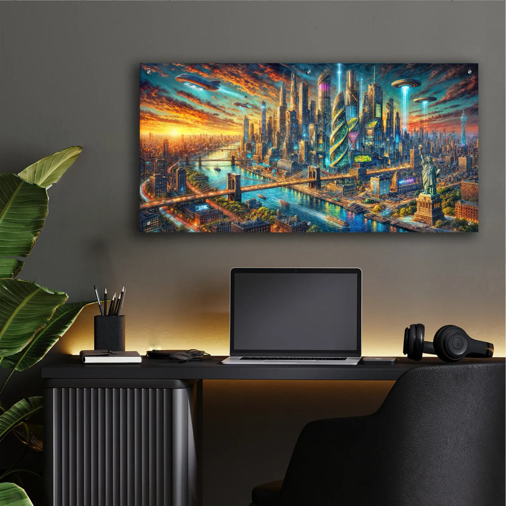New York City -Futuristic Painting by Rey Klimt - 48x24 acrylic wall art in a room