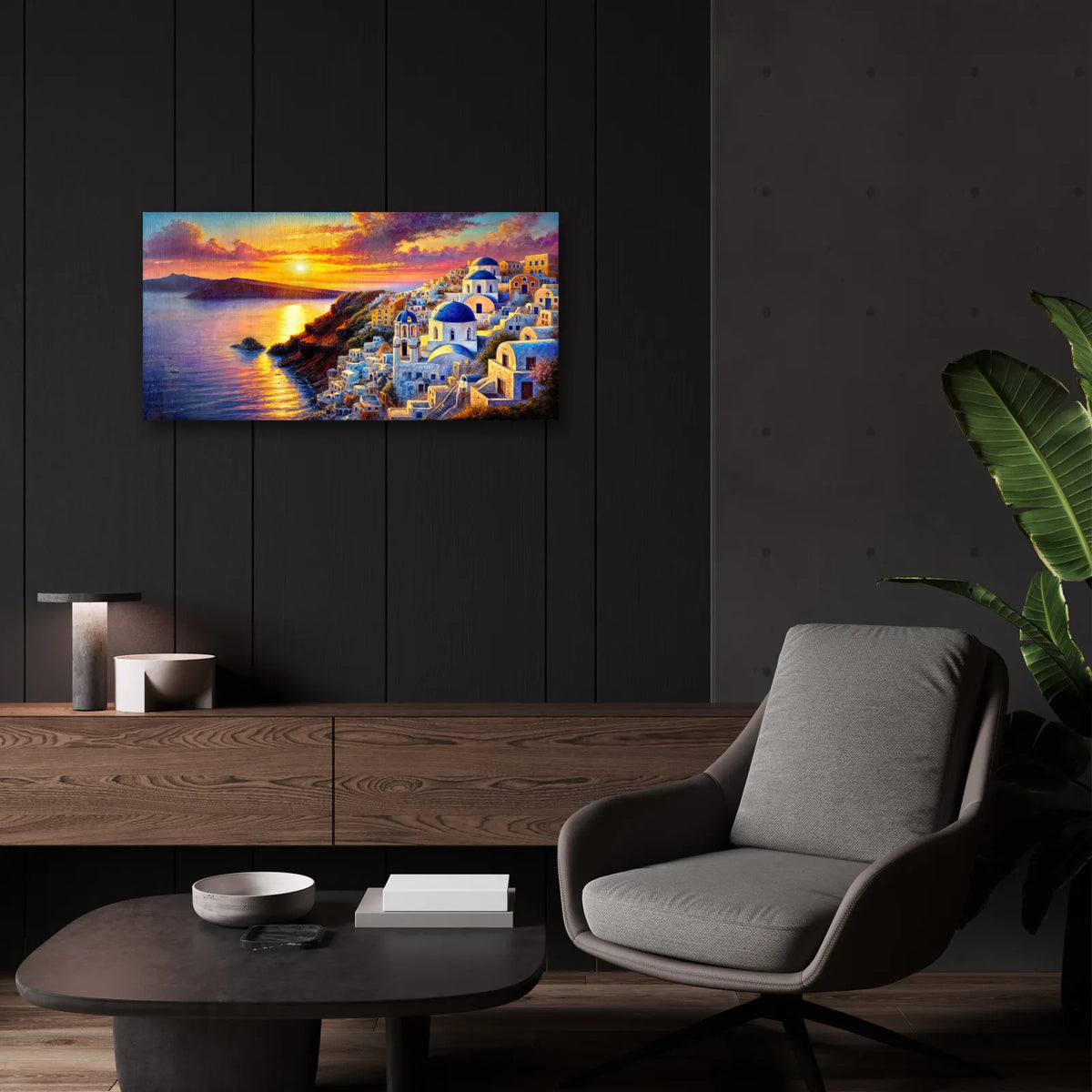 Santorini Painted Sunset by Rey Klimt - 24x12 acrylic wall art in a room
