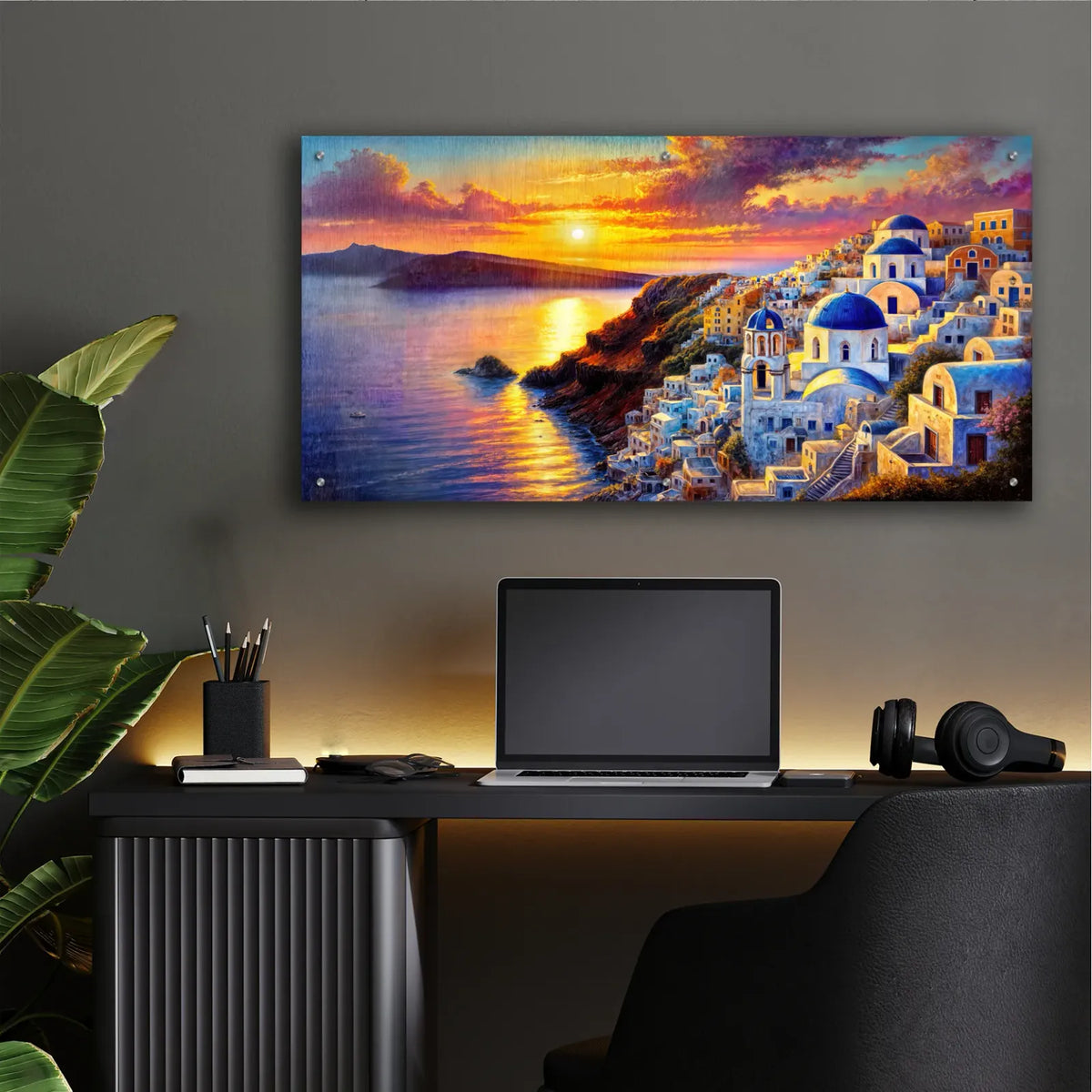 Santorini Painted Sunset by Rey Klimt - 48x24 acrylic wall art in a room