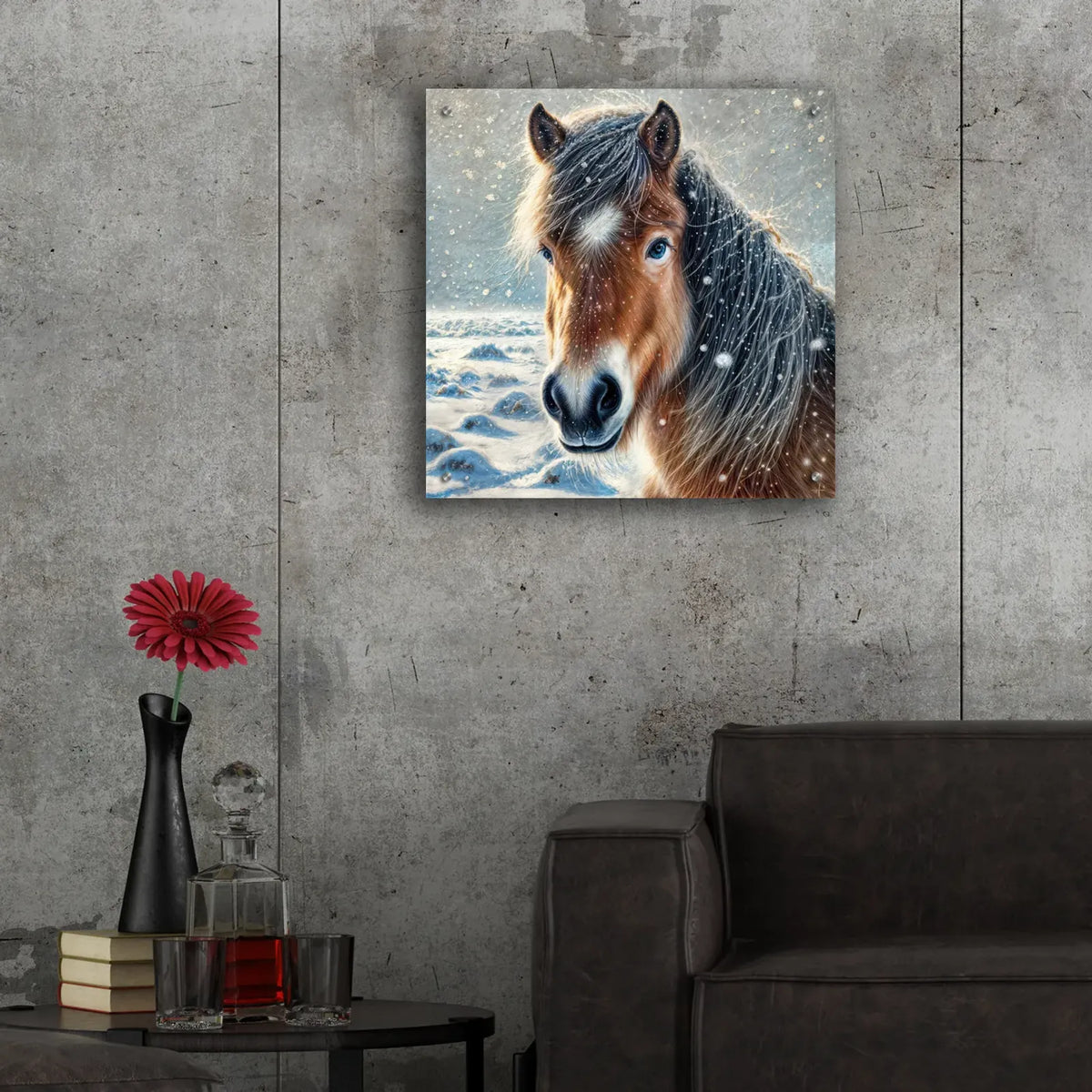 Snowy Horse Portrait by Rey Klimt - 24x24 acrylic wall art in a room