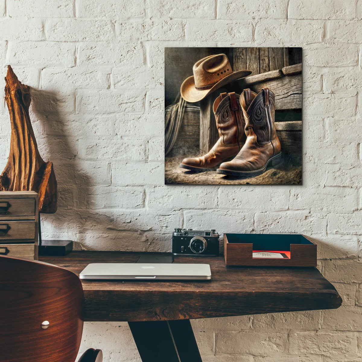 Wester Style Decor Cowboy Boots And Hat by Rey Klimt - 12x12 acrylic wall art in a room