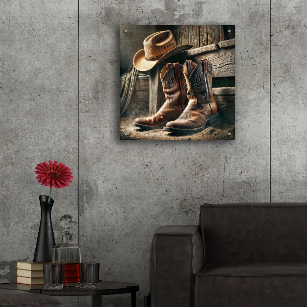 Wester Style Decor Cowboy Boots And Hat by Rey Klimt - 24x24 acrylic wall art in a room