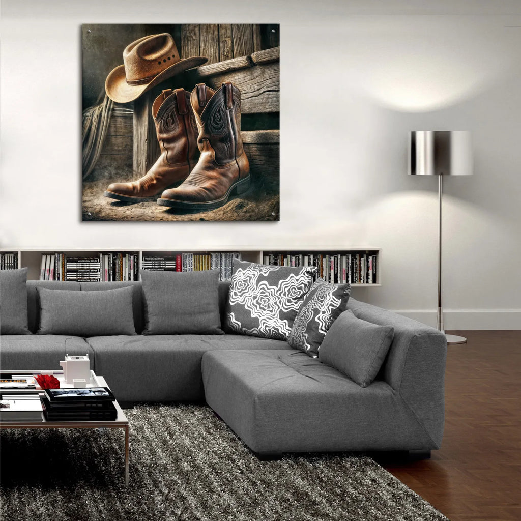 Wester Style Decor Cowboy Boots And Hat by Rey Klimt - 36x36 acrylic wall art in a room