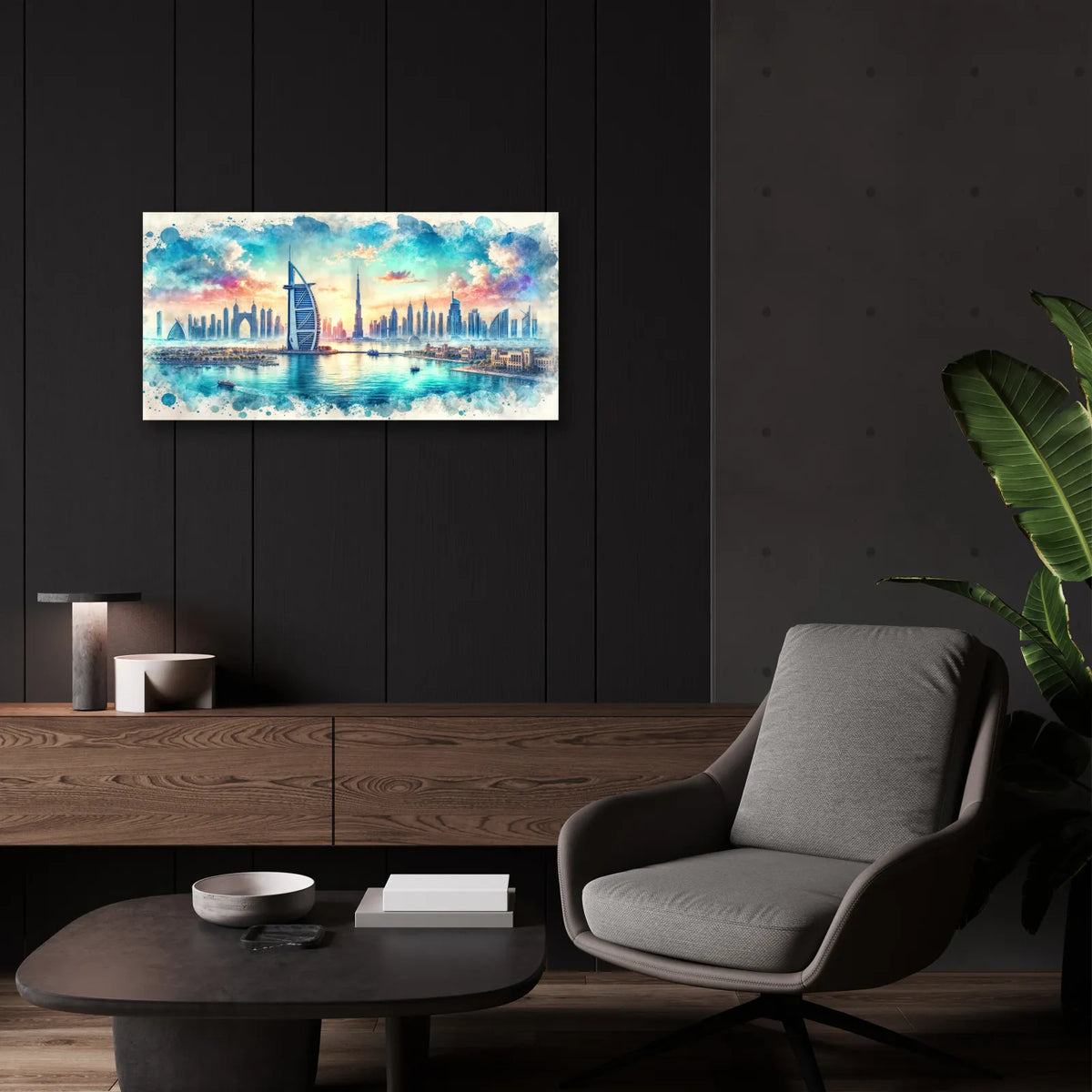 Dubai Watercolor by Rey Klimt - 24x12 acrylic wall art in a room