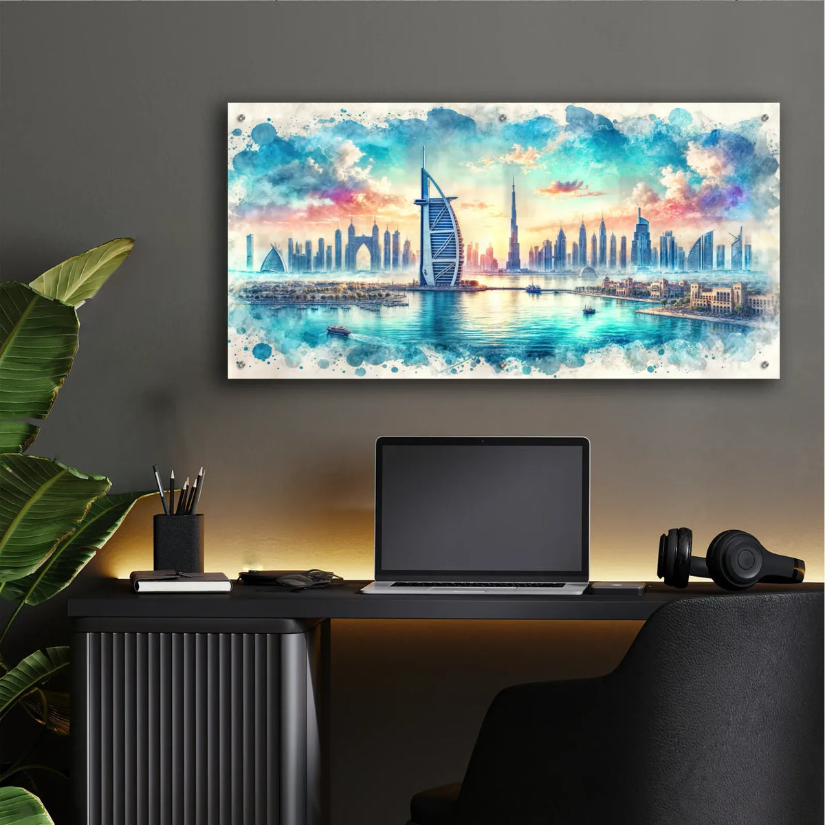 Dubai Watercolor by Rey Klimt - 48x24 acrylic wall art in a room