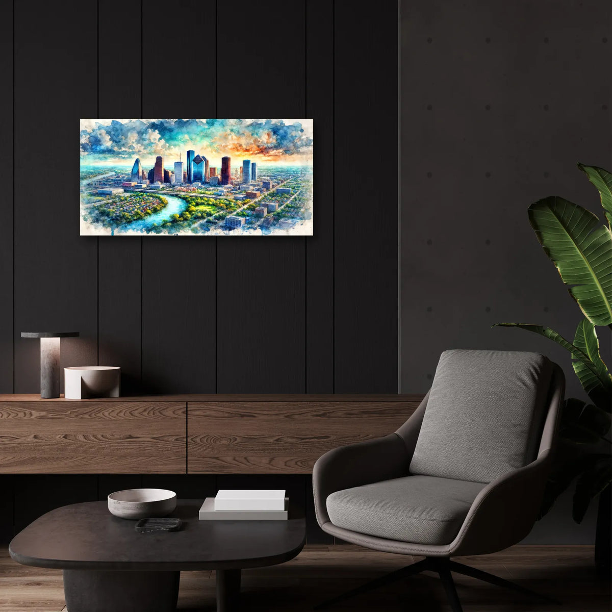 Houston Watercolor by Rey Klimt - 24x12 acrylic wall art in a room