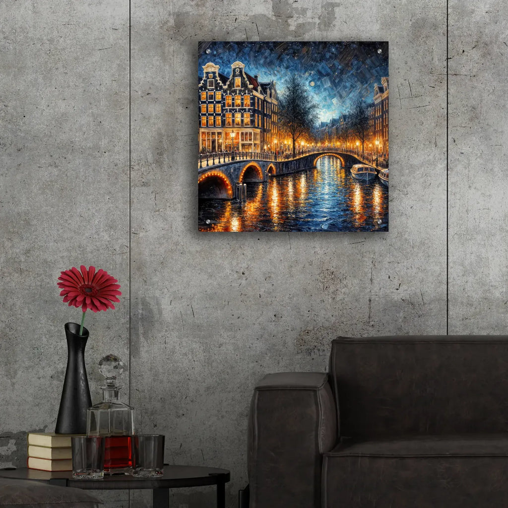 Amsterdam Canals At Night by Rey Klimt - 24x24 acrylic wall art in a room