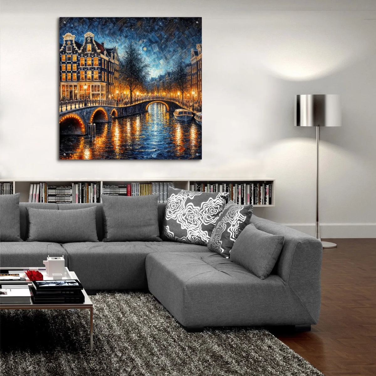 Amsterdam Canals At Night by Rey Klimt - 36x36 acrylic wall art in a room