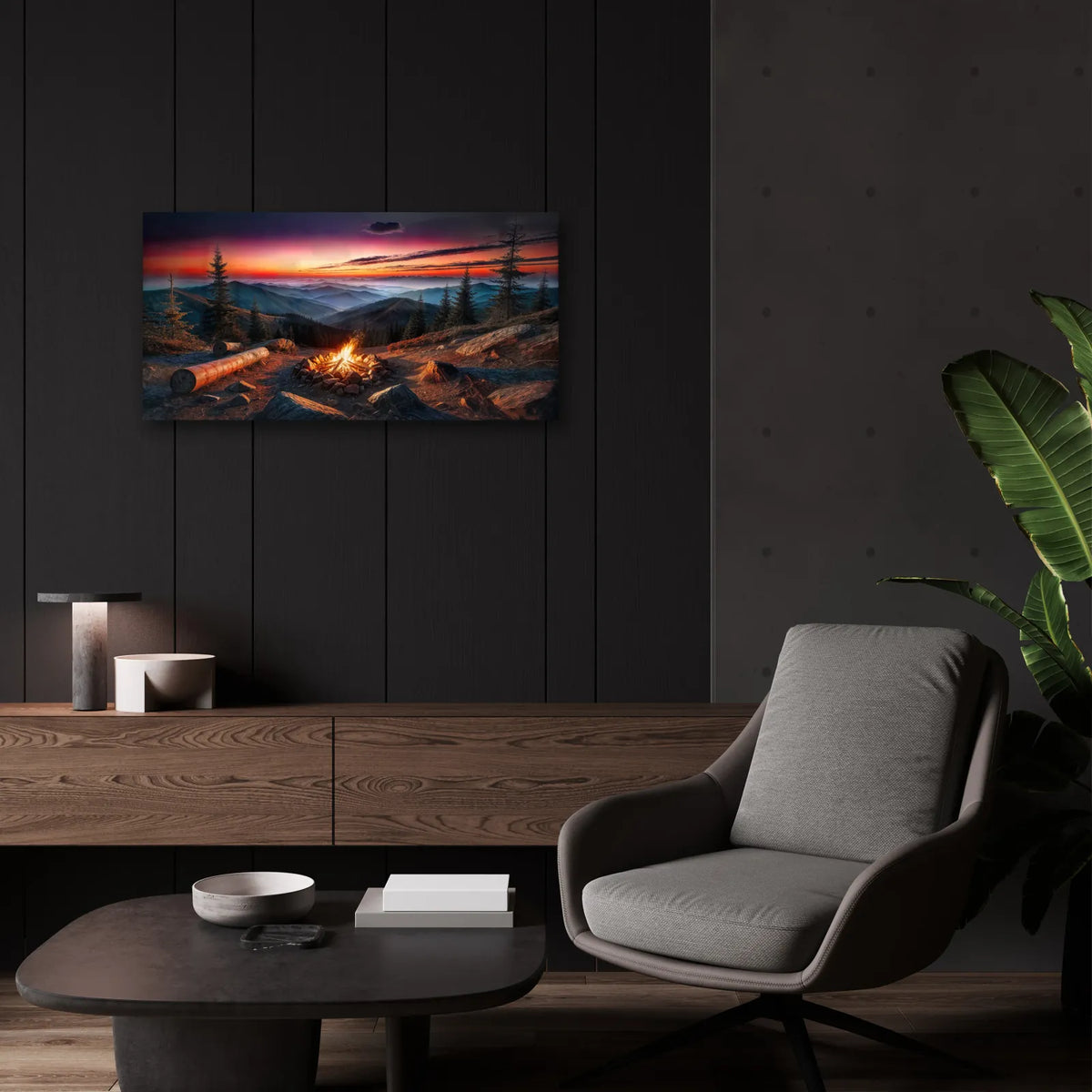 Campfire In Mountains At Sunset by Rey Klimt - 24x12 acrylic wall art in a room