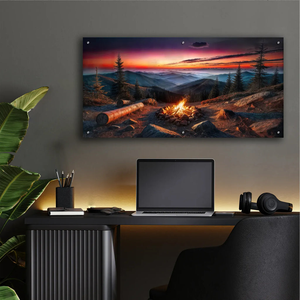 Campfire In Mountains At Sunset by Rey Klimt - 48x24 acrylic wall art in a room
