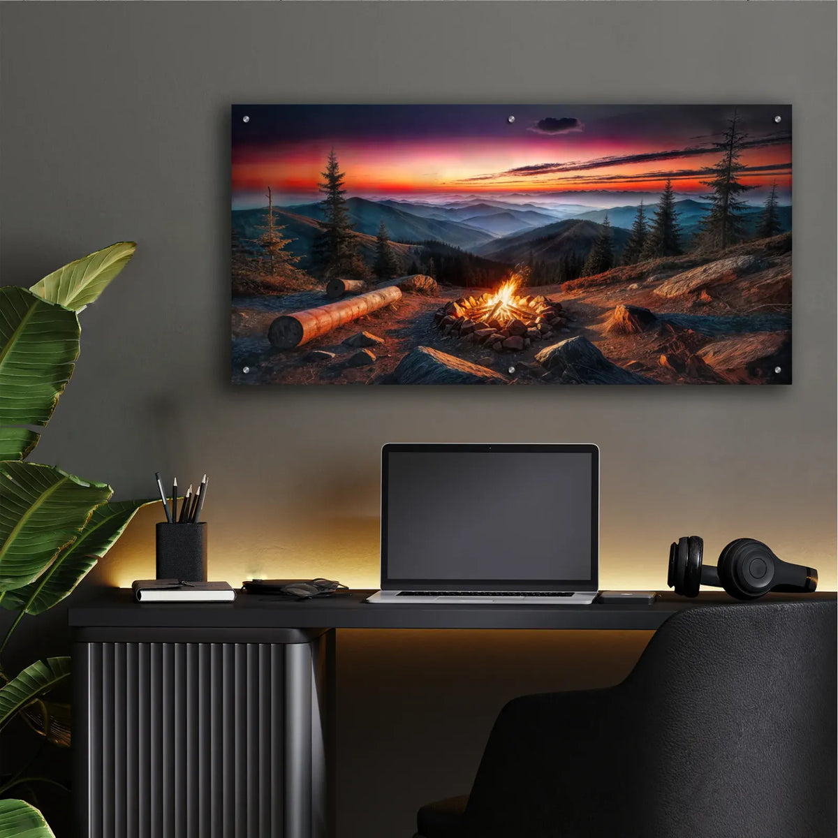 Campfire In Mountains At Sunset by Rey Klimt - 48x24 acrylic wall art in a room