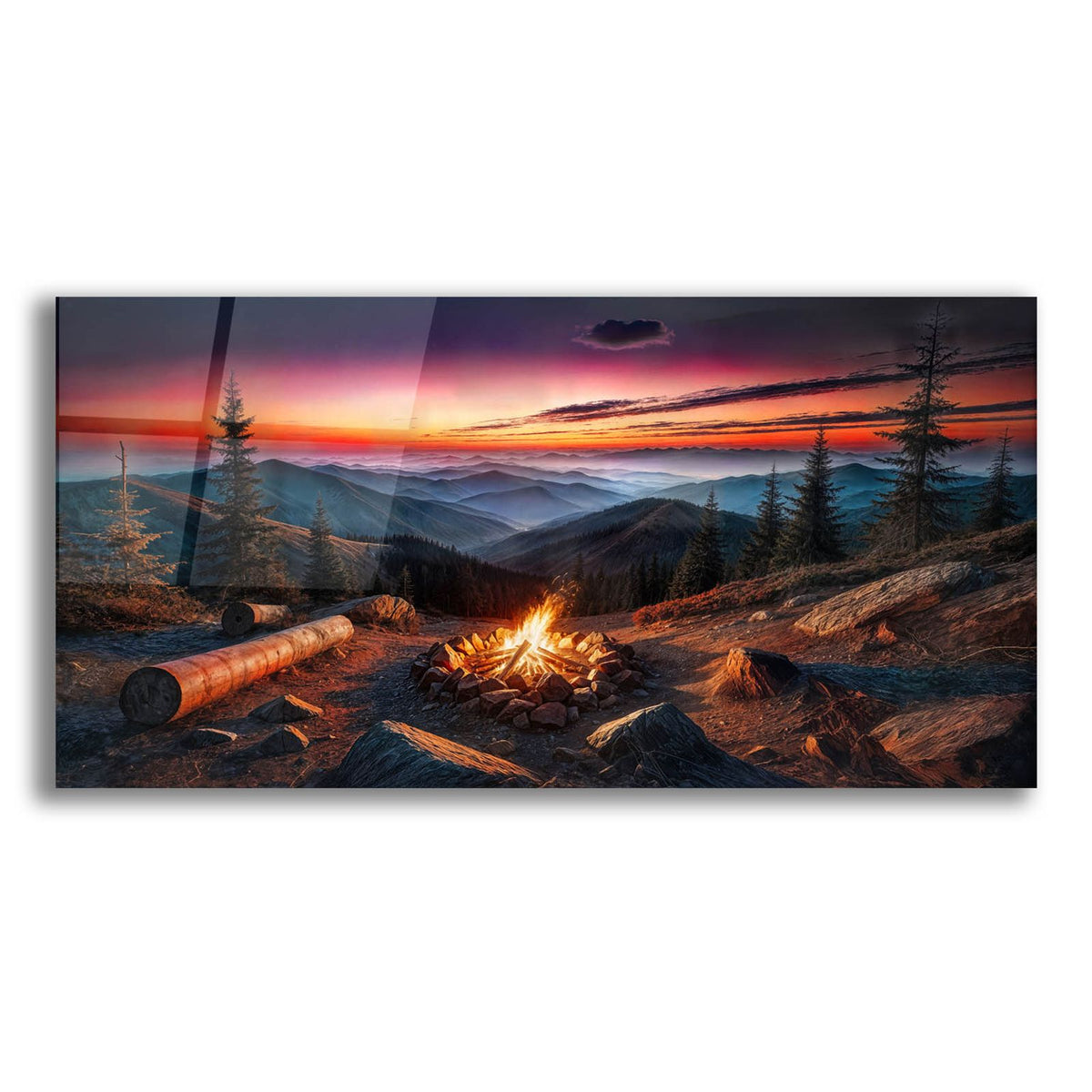 Campfire In Mountains At Sunset by Rey Klimt acrylic glass wall art