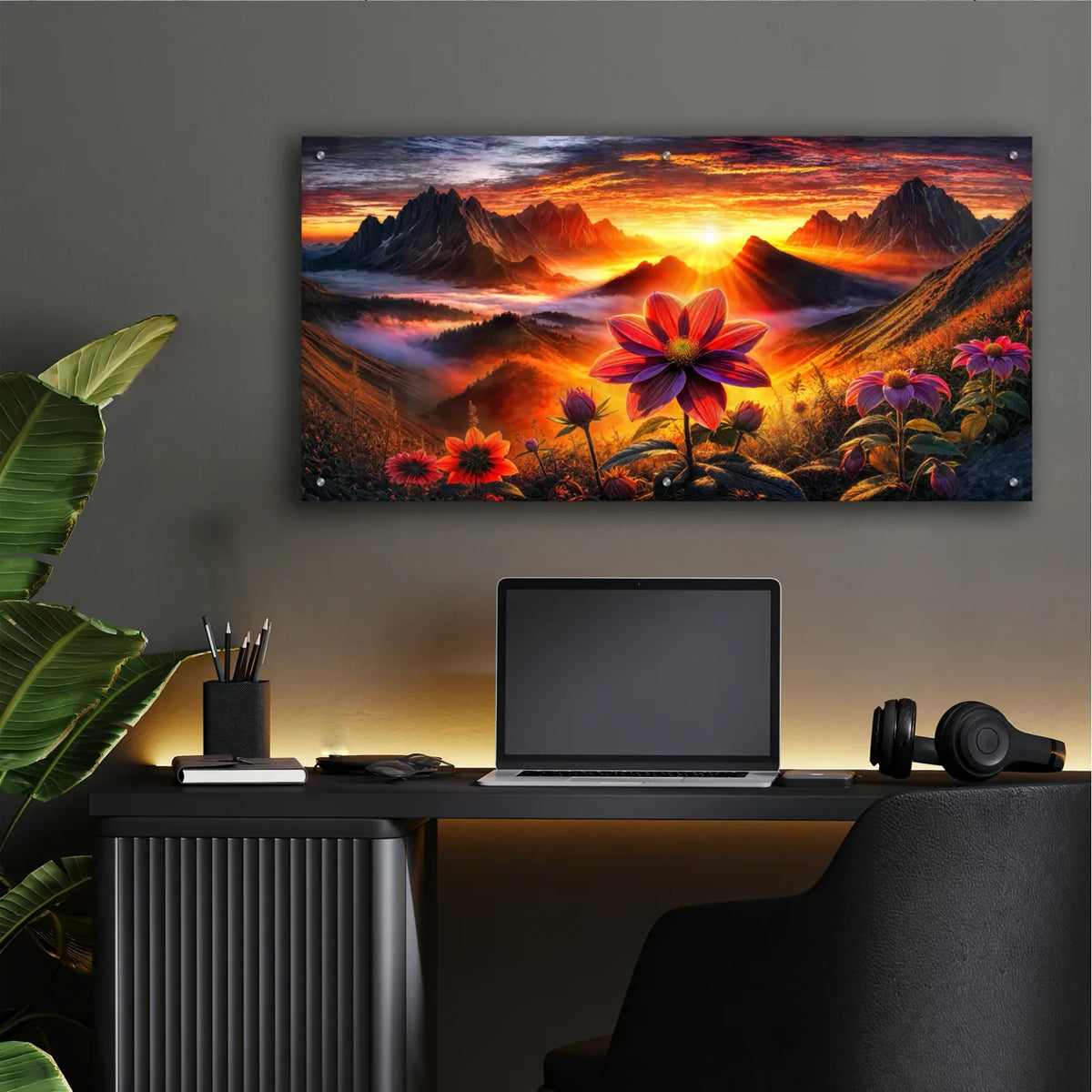 Flower & Mountain Sunrise by Rey Klimt - 48x24 acrylic wall art in a room