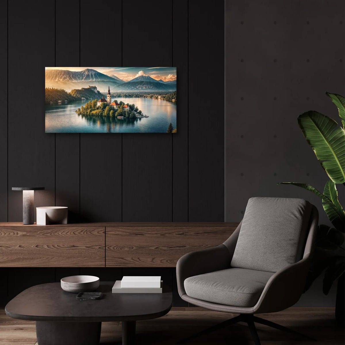 Lake Bled Island, Slovenia, Mountains by Rey Klimt - 24x12 acrylic wall art in a room