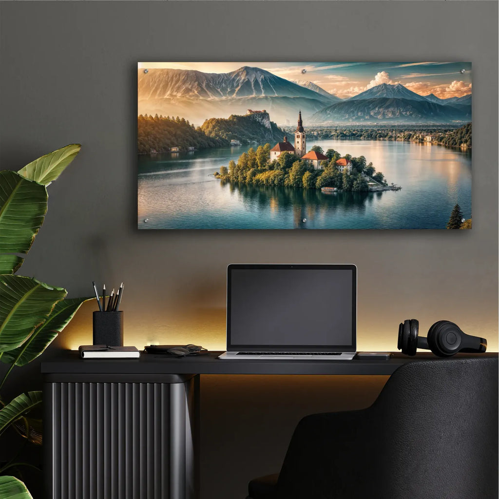 Lake Bled Island, Slovenia, Mountains by Rey Klimt - 48x24 acrylic wall art in a room