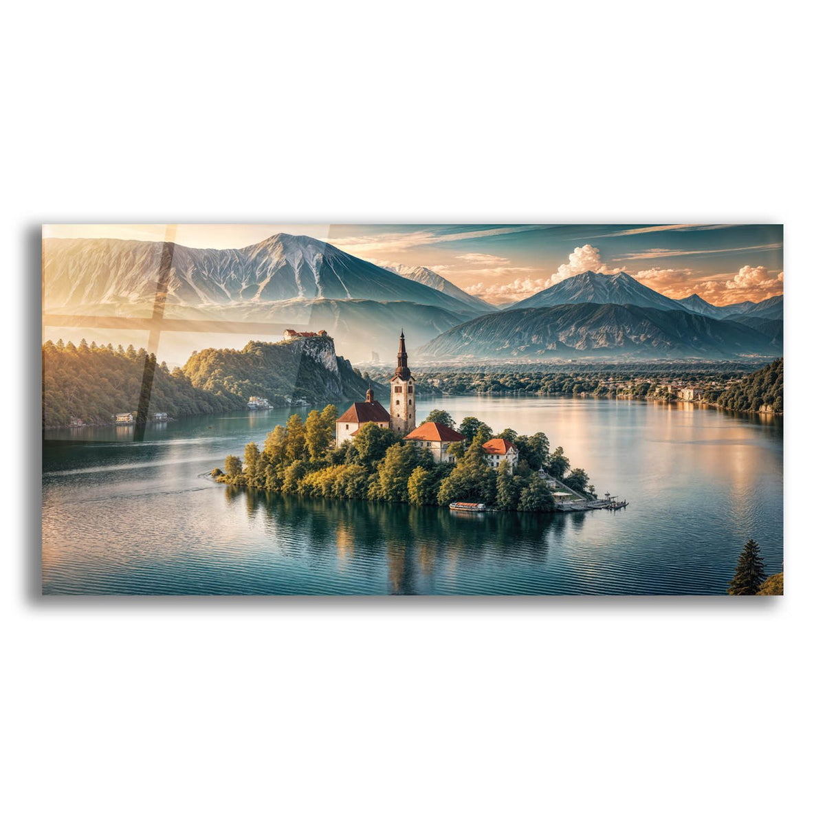 Lake Bled Island, Slovenia, Mountains by Rey Klimt acrylic glass wall art