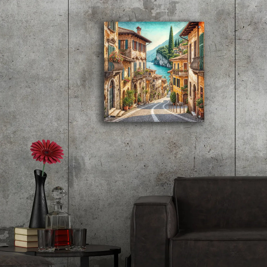 Old Town Street In Mediterranean by Rey Klimt - 24x24 acrylic wall art in a room
