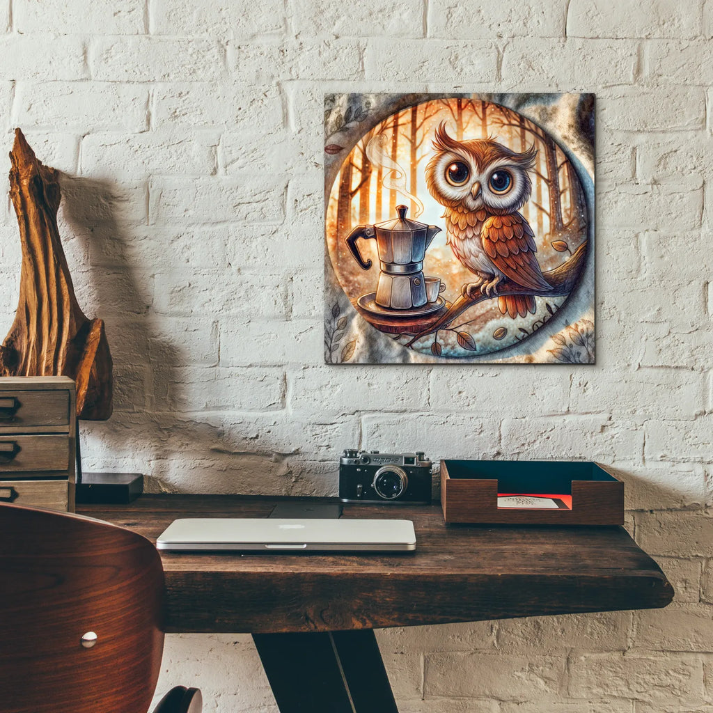 Owl And Coffee by Rey Klimt - 12x12 acrylic wall art in a room