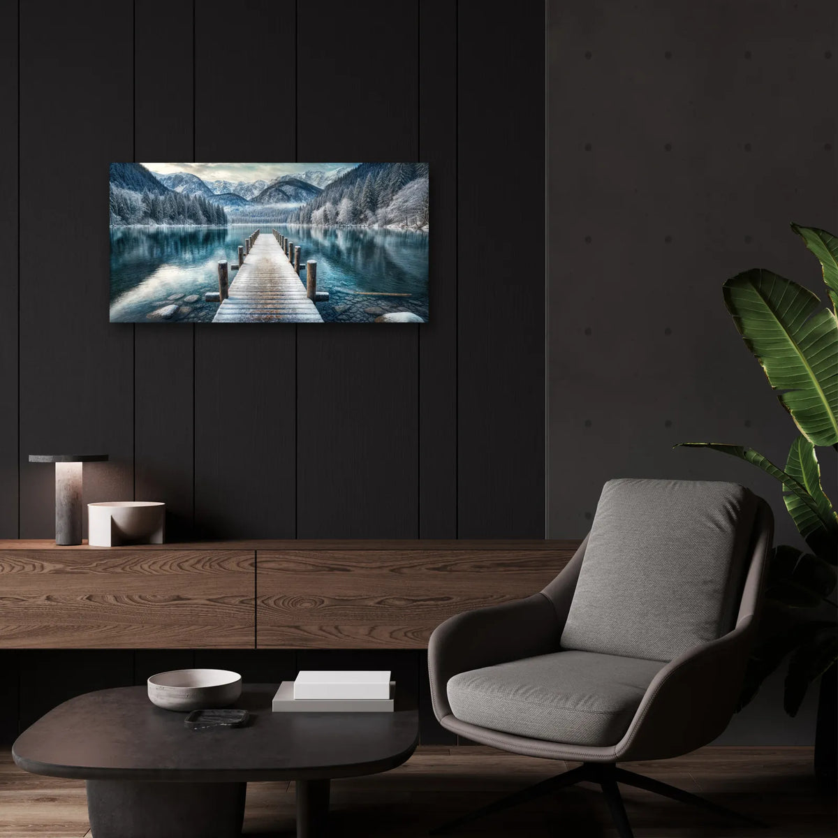 Pier On Winter Lake In Mountains by Rey Klimt - 24x12 acrylic wall art in a room