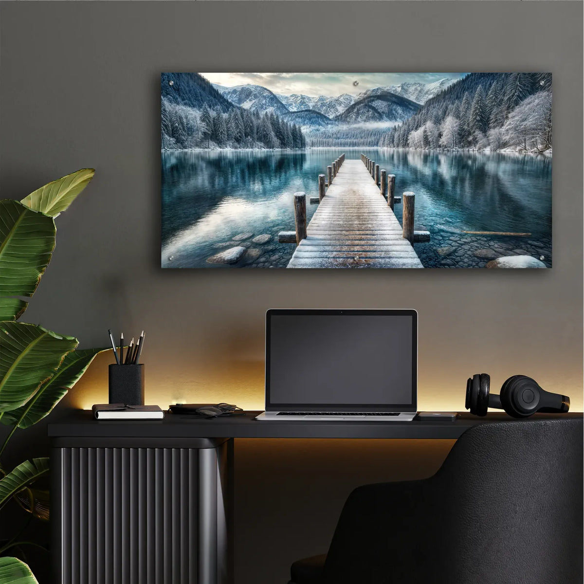 Pier On Winter Lake In Mountains by Rey Klimt - 48x24 acrylic wall art in a room