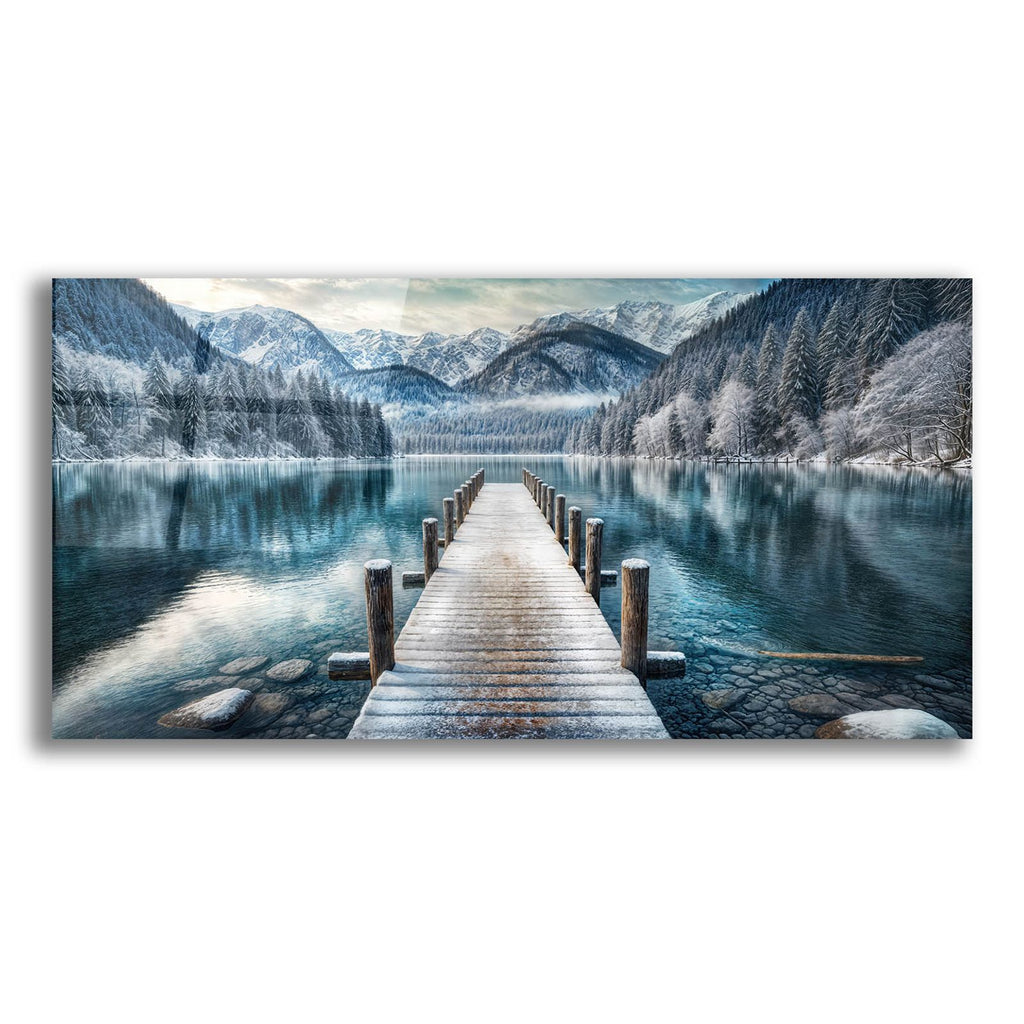 Pier On Winter Lake In Mountains by Rey Klimt acrylic glass wall art