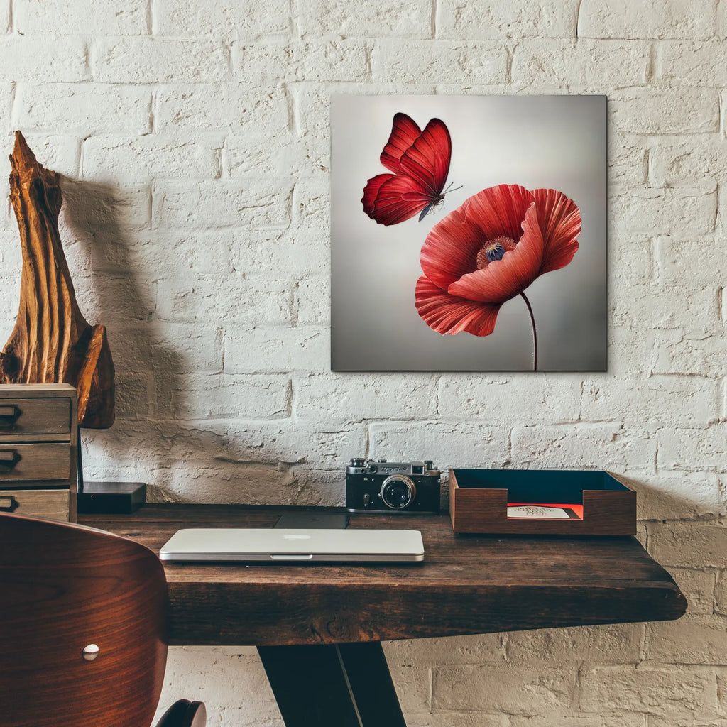 Red Butterfly And Blooming Red Poppy Flower by Rey Klimt - 12x12 acrylic wall art in a room