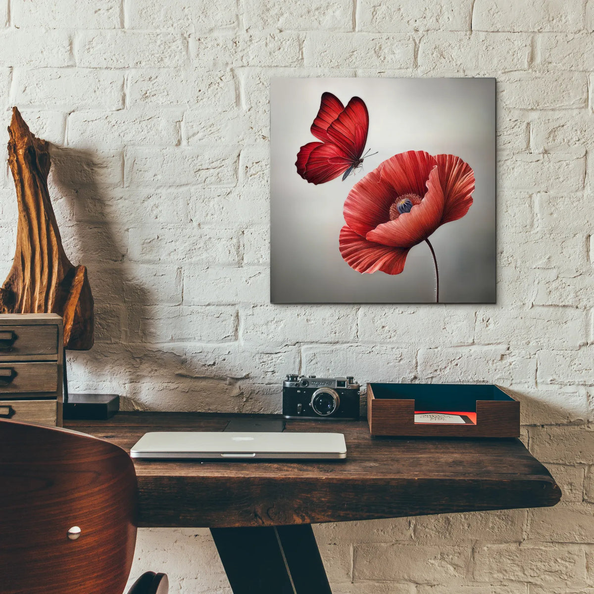 Red Butterfly And Blooming Red Poppy Flower by Rey Klimt - 12x12 acrylic wall art in a room